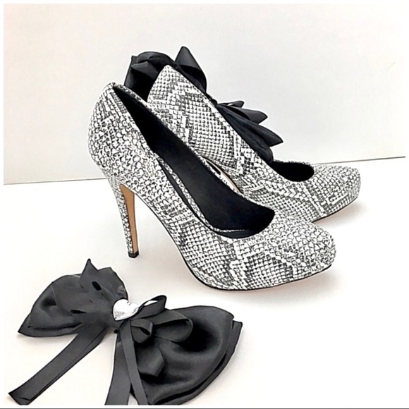 Leah Vixamar Snakeskin Print with Bow Details Platform Pumps Heel - Picture 3 of 7